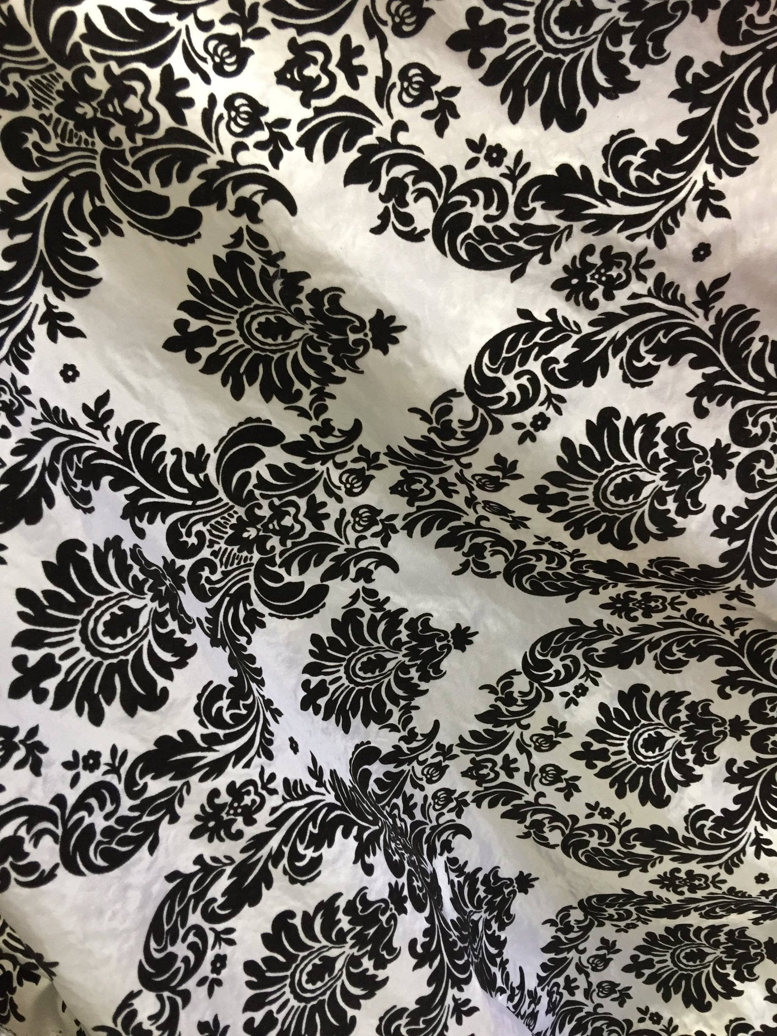 Amanda WHITE Taffeta with Black Velvet Flocked Damask Fabric by the Yard - 10078