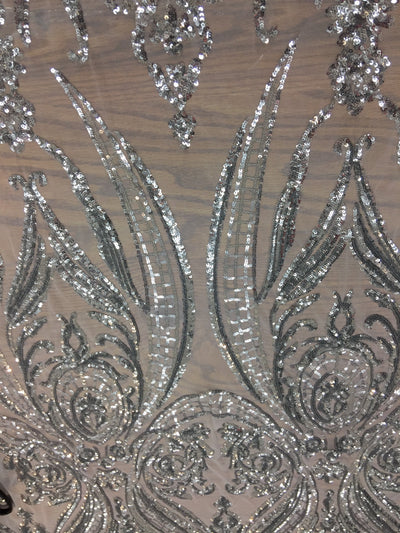 Alaina SILVER Curlicue Sequins on WHITE Mesh Lace Fabric by the Yard - 10018