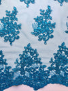 Brianna TURQUOISE Polyester Floral Embroidery with Sequins on Mesh Lace Fabric by the Yard - 10020