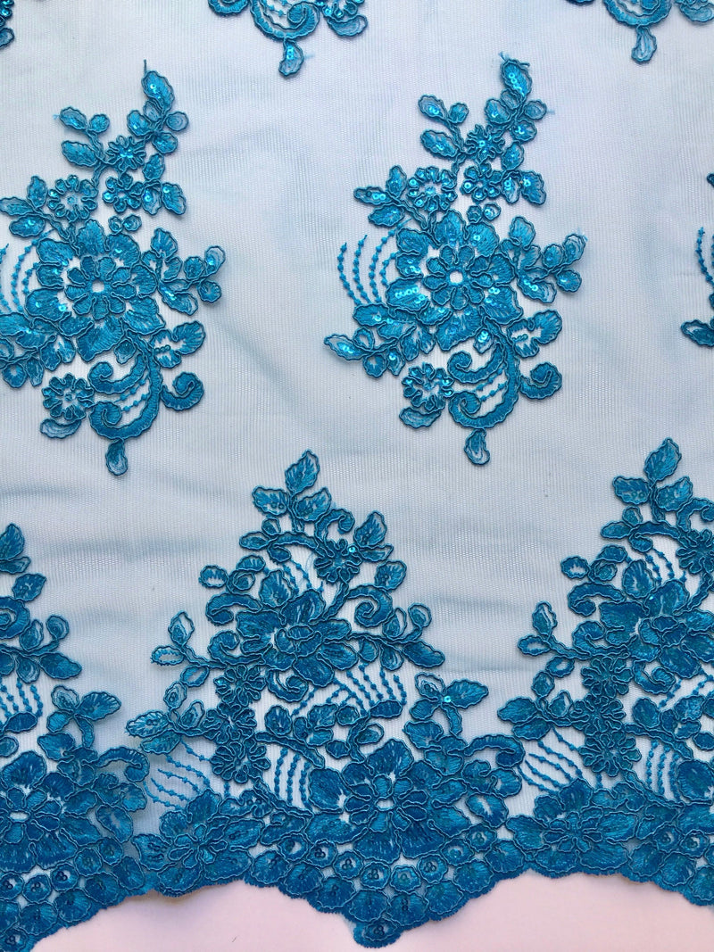 Brianna TURQUOISE Polyester Floral Embroidery with Sequins on Mesh Lace Fabric by the Yard - 10020