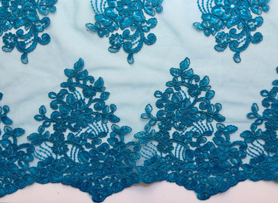 Brianna TURQUOISE Polyester Floral Embroidery with Sequins on Mesh Lace Fabric by the Yard - 10020