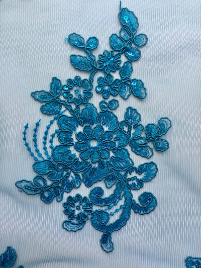 Brianna TURQUOISE Polyester Floral Embroidery with Sequins on Mesh Lace Fabric by the Yard - 10020