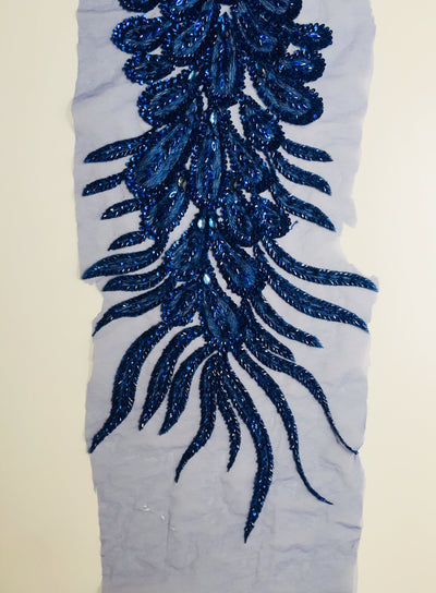 Gracie ROYAL BLUE Vegas Peacock Beaded Sequins Embroidered on Mesh Lace Fabric by Panel - 10012