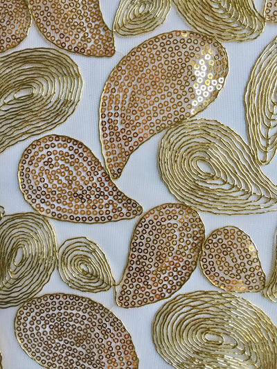 Arielle GOLD Leaf Paisley Foil and Sequins on Mesh Lace Fabric by the Yard - 10068