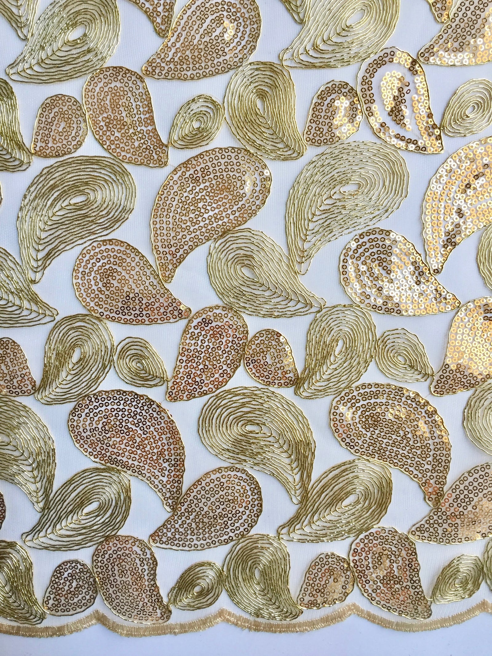 Arielle GOLD Leaf Paisley Foil and Sequins on Mesh Lace Fabric by the Yard - 10068