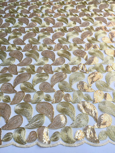 Arielle GOLD Leaf Paisley Foil and Sequins on Mesh Lace Fabric by the Yard - 10068
