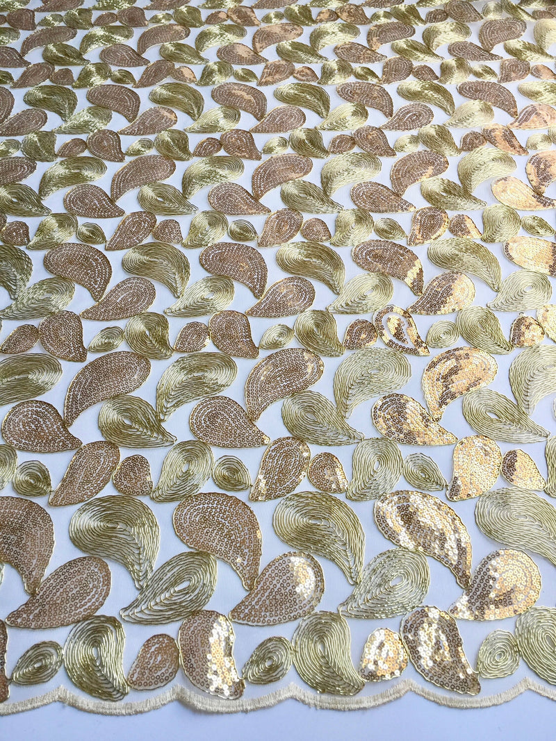 Arielle GOLD Leaf Paisley Foil and Sequins on Mesh Lace Fabric by the Yard - 10068