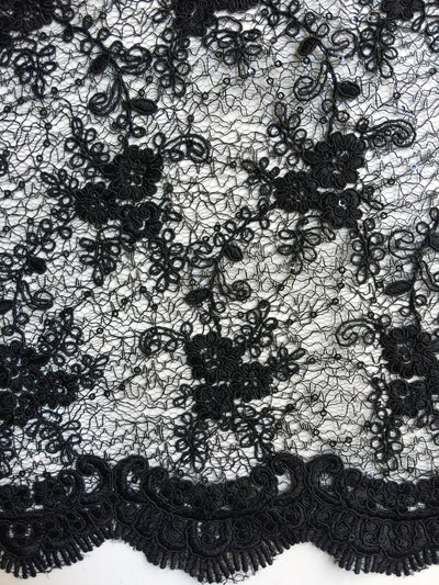 Megan BLACK Polyester Corded Floral Embroidery with Sequins on Web Mesh Lace Fabric by the Yard - 10109