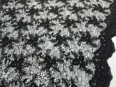 Megan BLACK Polyester Corded Floral Embroidery with Sequins on Web Mesh Lace Fabric by the Yard - 10109