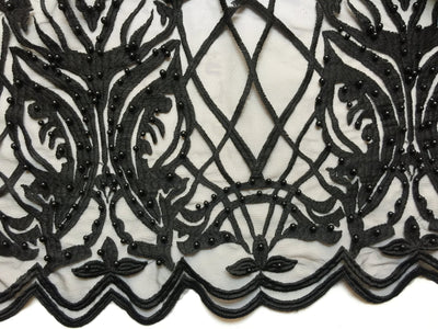 Sabrina BLACK Faux Pearls Beaded Lace Embroidery on Mesh Fabric by the Yard - 10098