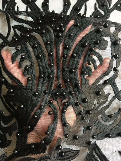 Sabrina BLACK Faux Pearls Beaded Lace Embroidery on Mesh Fabric by the Yard - 10098