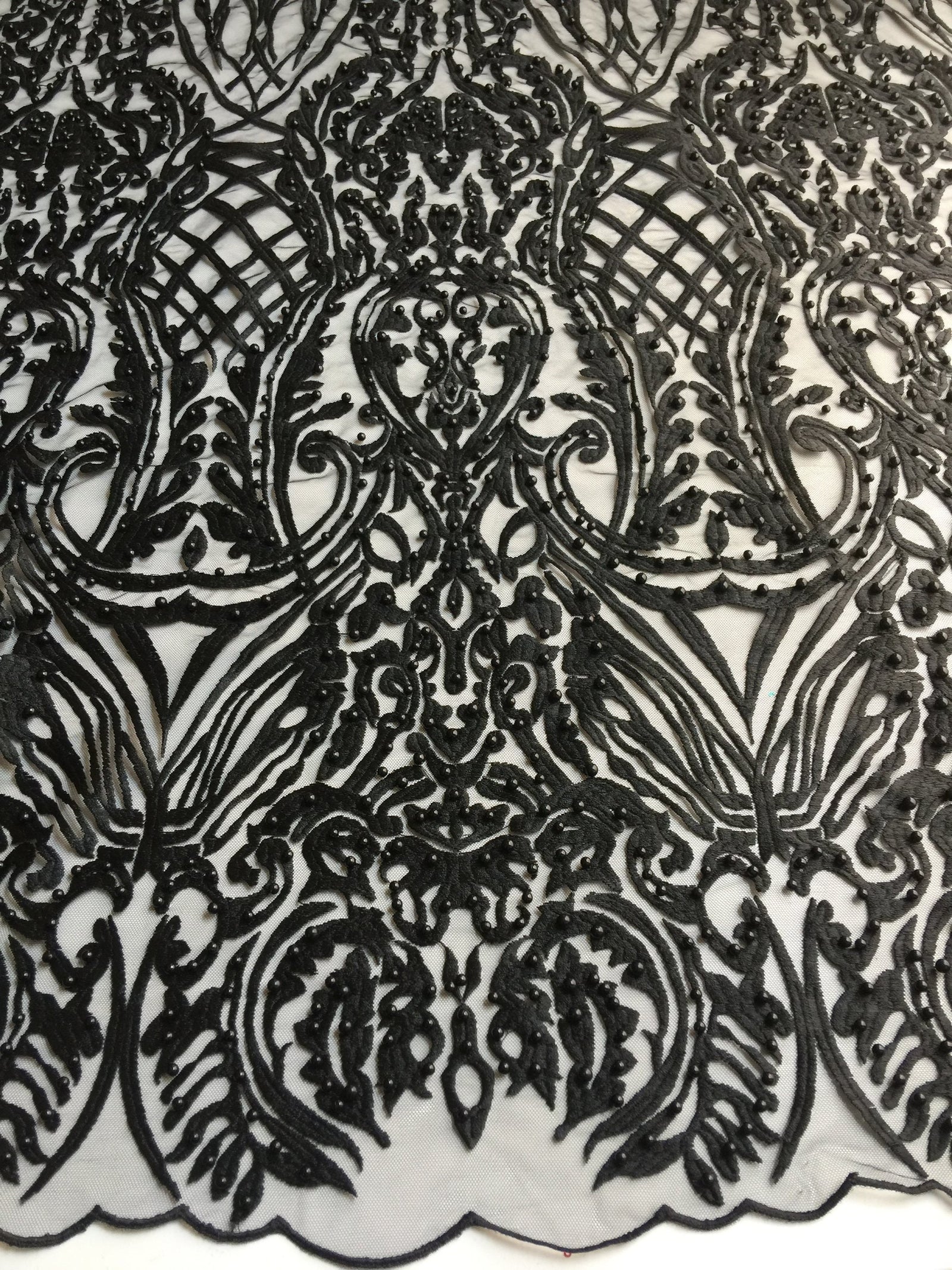 Sabrina BLACK Faux Pearls Beaded Lace Embroidery on Mesh Fabric by the Yard - 10098