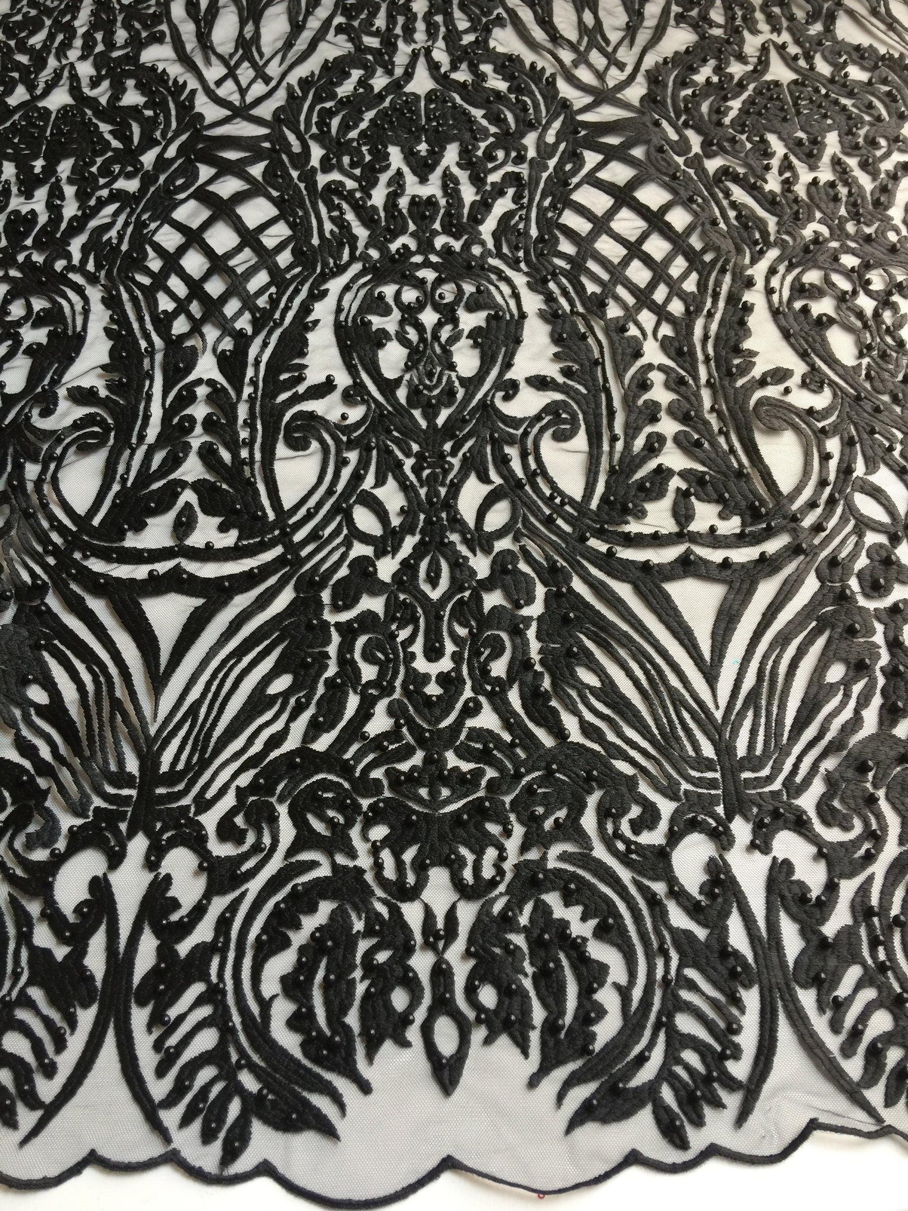 Sabrina BLACK Faux Pearls Beaded Lace Embroidery on Mesh Fabric by the Yard - 10098