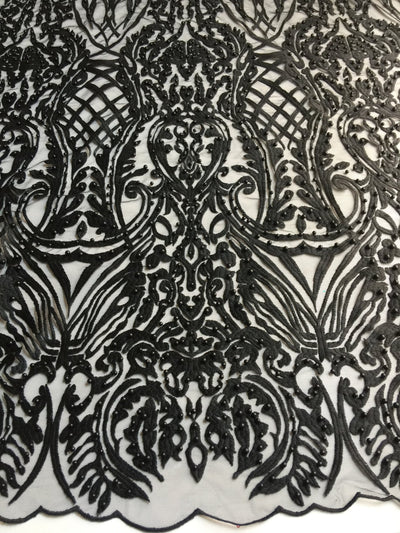 Sabrina BLACK Faux Pearls Beaded Lace Embroidery on Mesh Fabric by the Yard - 10098