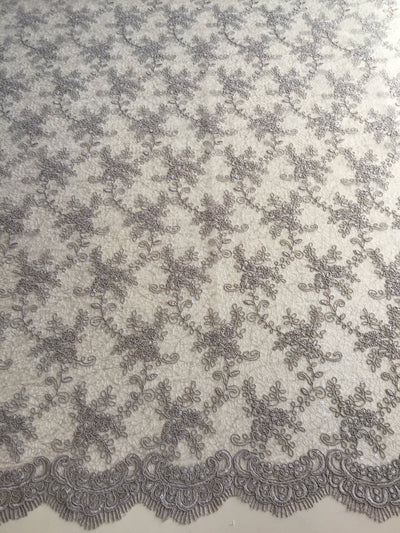 Megan GREY Polyester Corded Floral Embroidery with Sequins on Web Mesh Lace Fabric by the Yard - 10109