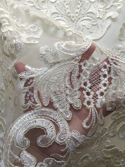 Vivian IVORY Polyester Embroidery with Sequins on Mesh Lace Fabric by the Yard for Gown, Wedding, Bridesmaid, Prom - 10003