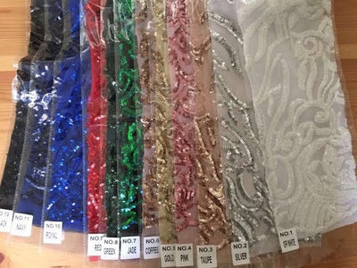 Phoebe SILVER Sequins on WHITE Mesh Lace Fabric by the Yard - 10062