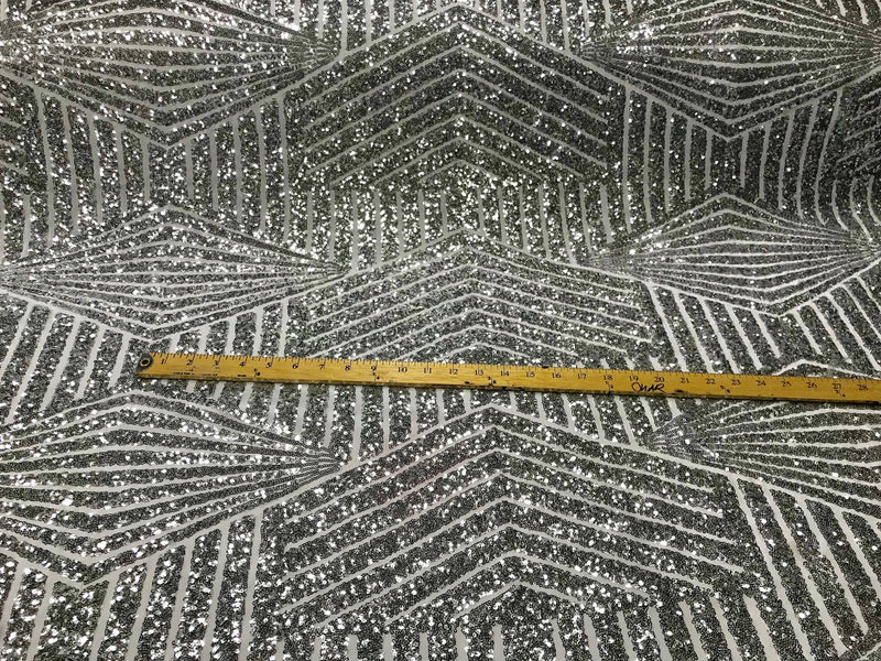 Thea SILVER GREY Geometric Sequins Diamond & Stripes on Mesh Lace Fabric by the Yard - 10026