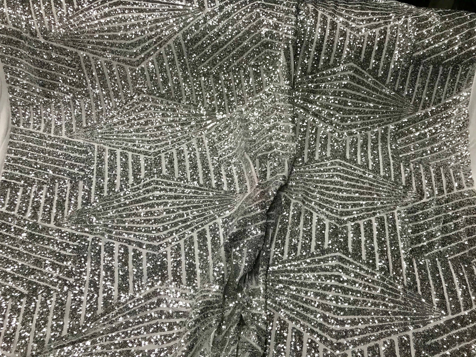 Thea SILVER GREY Geometric Sequins Diamond & Stripes on Mesh Lace Fabric by the Yard - 10026