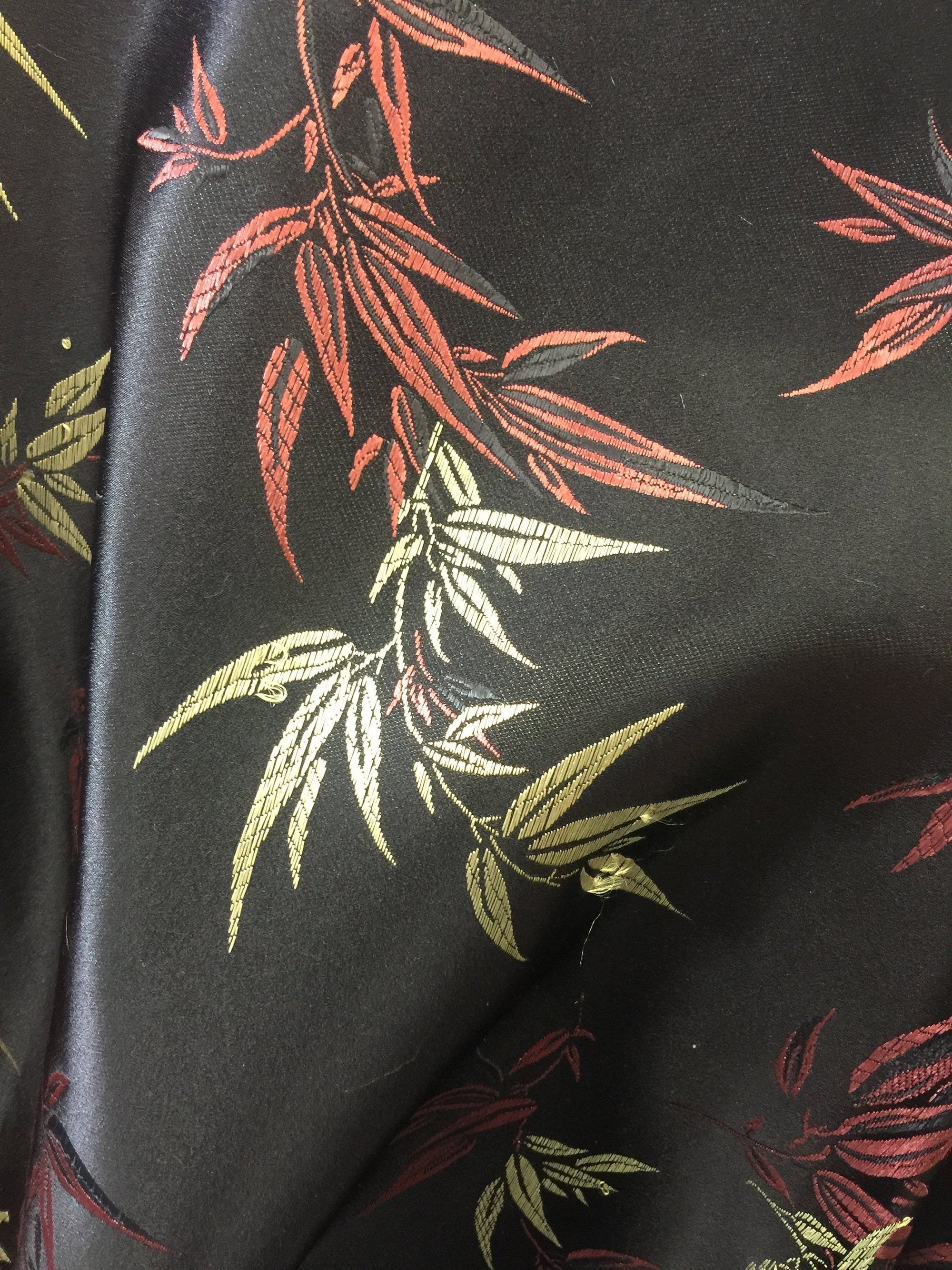 Alondra BLACK Leaves Brocade Chinese Satin Fabric by the Yard - 10095