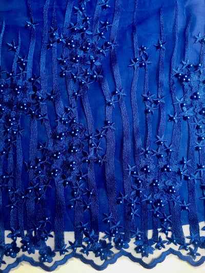 Kelsey ROYAL BLUE Floral Beaded Lace Embroidery on Mesh Fabric by the Yard - 10093