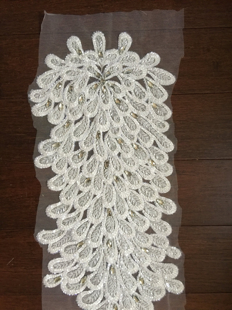 Gracie IVORY Vegas Peacock Beaded Sequins Embroidered on Mesh Lace Fabric by Panel - 10012