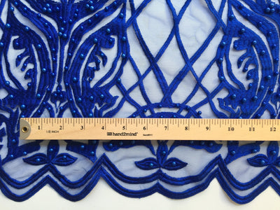 Sabrina ROYAL BLUE Faux Pearls Beaded Lace Embroidery on Mesh Fabric by the Yard - 10098