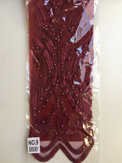 Sabrina BURGUNDY Faux Pearls Beaded Lace Embroidery on Mesh Fabric by the Yard - 10098