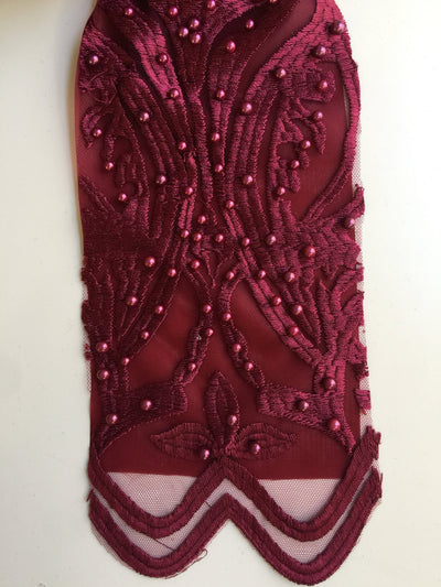 Sabrina BURGUNDY Faux Pearls Beaded Lace Embroidery on Mesh Fabric by the Yard - 10098