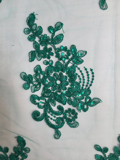 Brianna HUNTER GREEN Polyester Floral Embroidery with Sequins on Mesh Lace Fabric by the Yard - 10020
