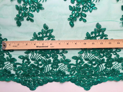 Brianna HUNTER GREEN Polyester Floral Embroidery with Sequins on Mesh Lace Fabric by the Yard - 10020