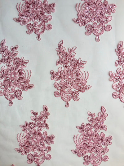 Brianna PINK Polyester Floral Embroidery with Sequins on Mesh Lace Fabric by the Yard - 10020