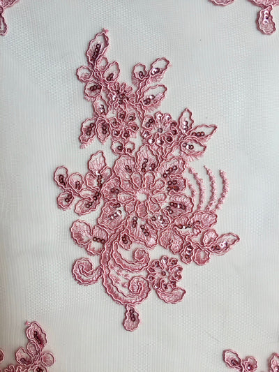 Brianna PINK Polyester Floral Embroidery with Sequins on Mesh Lace Fabric by the Yard - 10020