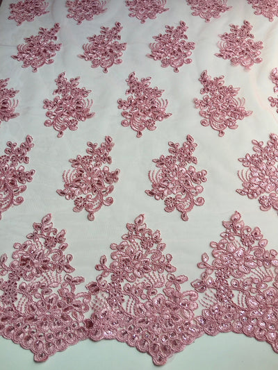 Brianna PINK Polyester Floral Embroidery with Sequins on Mesh Lace Fabric by the Yard - 10020