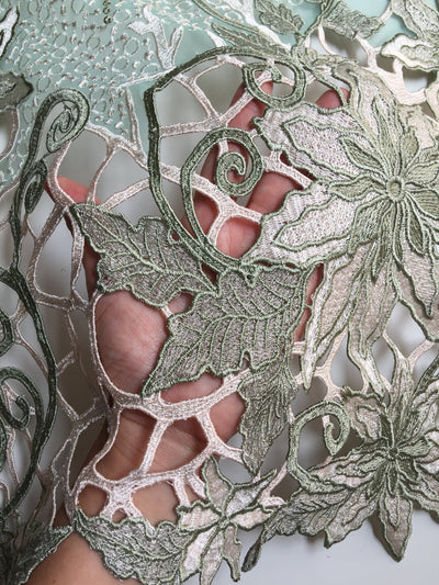 Skye SAGE Embroidered Floral Edge Guipure on Mesh Lace Fabric by the Yard - 10110