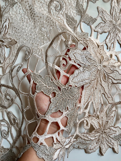 Skye BEIGE TAUPE Embroidered Floral Edge Guipure on Mesh Lace Fabric by the Yard - 10110