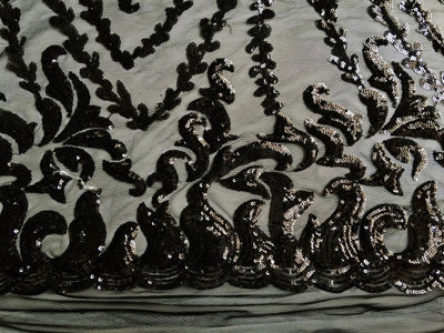 Miranda BLACK Vines and Leaves Sequins on BLACK Mesh Lace Fabric by the Yard - 10061
