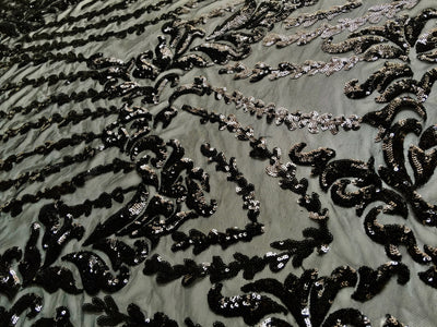 Miranda BLACK Vines and Leaves Sequins on BLACK Mesh Lace Fabric by the Yard - 10061
