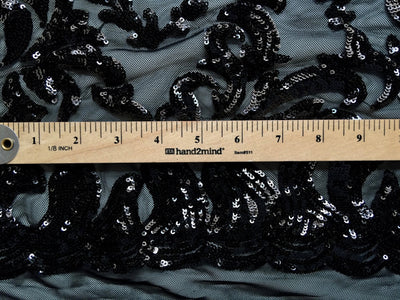 Miranda BLACK Vines and Leaves Sequins on BLACK Mesh Lace Fabric by the Yard - 10061