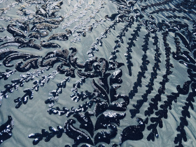 Miranda NAVY BLUE Vines and Leaves Sequins on NAVY Mesh Lace Fabric by the Yard - 10061