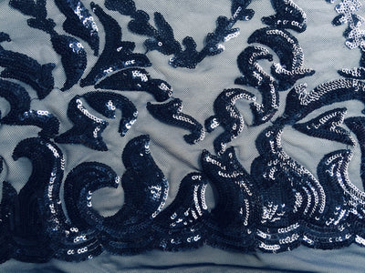 Miranda NAVY BLUE Vines and Leaves Sequins on NAVY Mesh Lace Fabric by the Yard - 10061