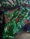 Miranda Iridescent GREEN BLUE Mermaid Vines and Leaves Sequins on BLACK Mesh Lace Fabric by the Yard - 10061