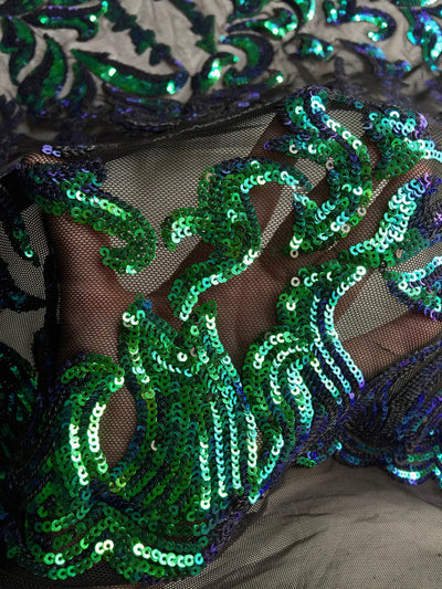 Miranda Iridescent GREEN BLUE Mermaid Vines and Leaves Sequins on BLACK Mesh Lace Fabric by the Yard - 10061