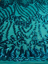 Miranda TEAL Vines and Leaves Sequins on TEAL Mesh Lace Fabric by the Yard - 10061