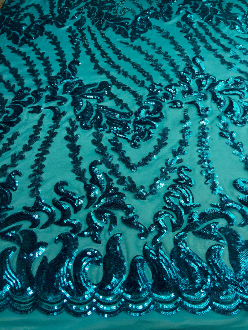 Miranda TEAL Vines and Leaves Sequins on TEAL Mesh Lace Fabric by the Yard - 10061