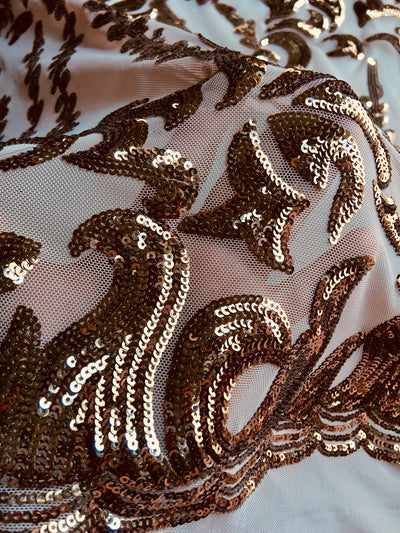 Miranda BRONZE Vines and Leaves Sequins on DUSTYPINK Mesh Lace Fabric by the Yard - 10061