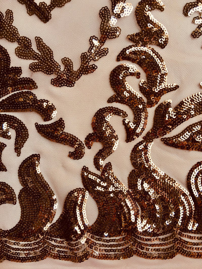 Miranda BRONZE Vines and Leaves Sequins on DUSTYPINK Mesh Lace Fabric by the Yard - 10061