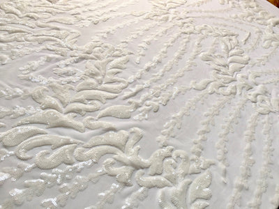 Miranda OFF WHITE Vines and Leaves Sequins on WHITE Mesh Lace Fabric by the Yard - 10061