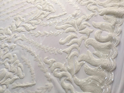 Miranda OFF WHITE Vines and Leaves Sequins on WHITE Mesh Lace Fabric by the Yard - 10061