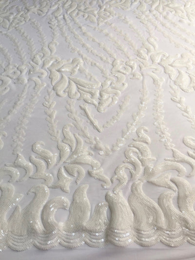 Miranda OFF WHITE Vines and Leaves Sequins on WHITE Mesh Lace Fabric by the Yard - 10061